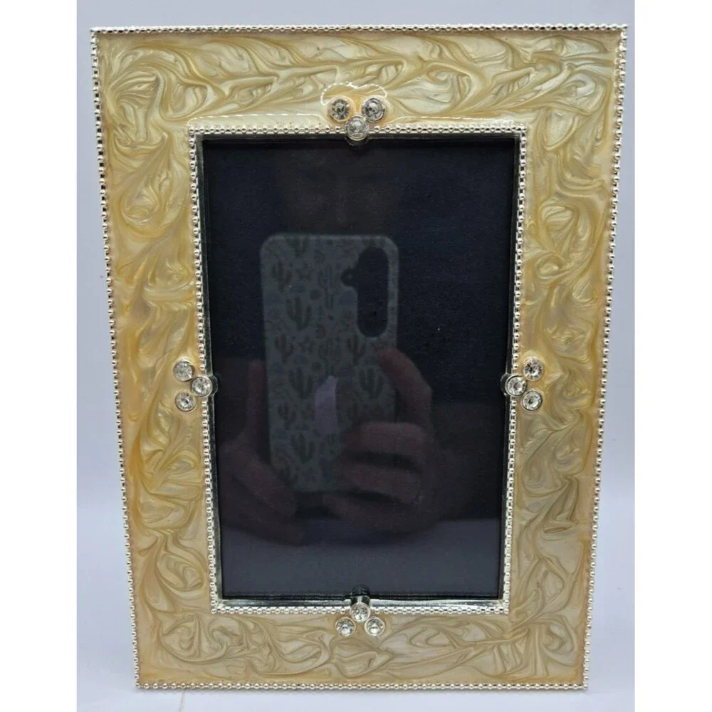 Vintage Style Pearlized Cream Enamel & Rhinestone 5x7 Picture Frame